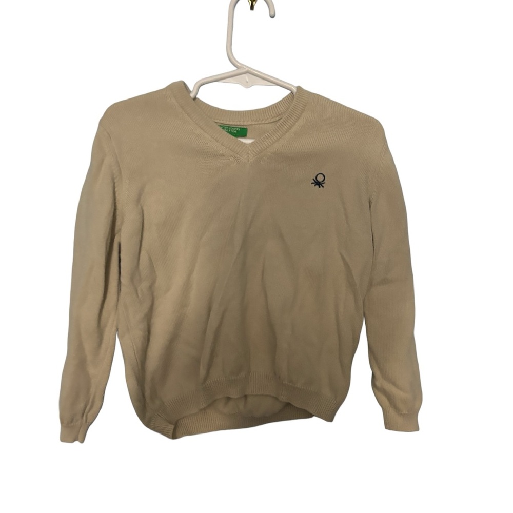 Benetton V Neck Pure Cotton Sweater With Logo Oatmeal With Navy Logo XXS 2-3